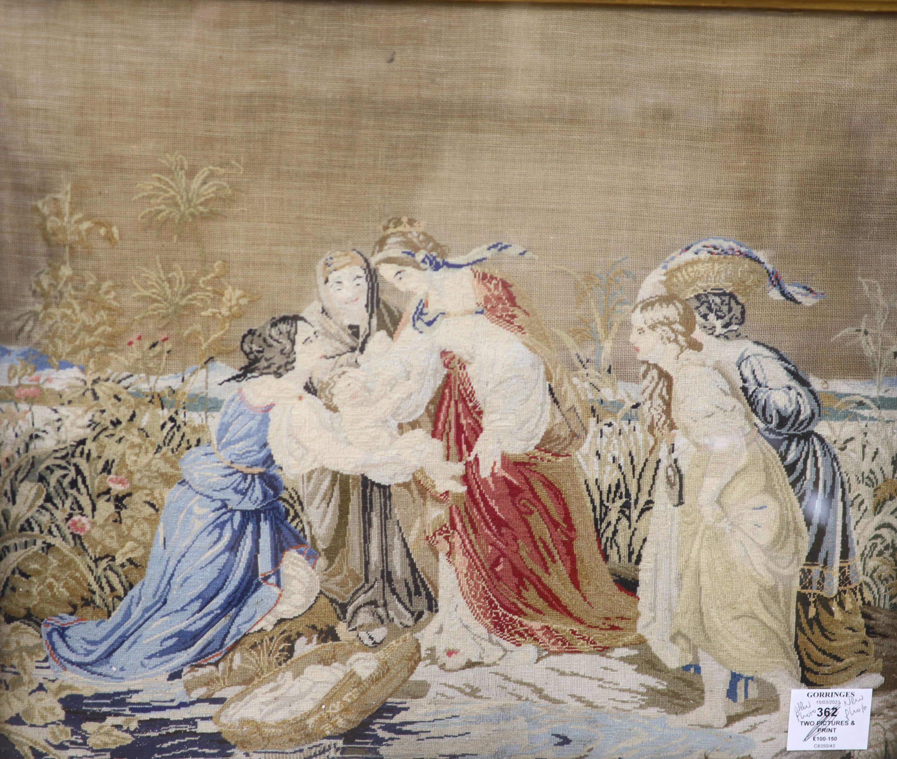 A 19th century silk picture, a petit point picture and a coloured print